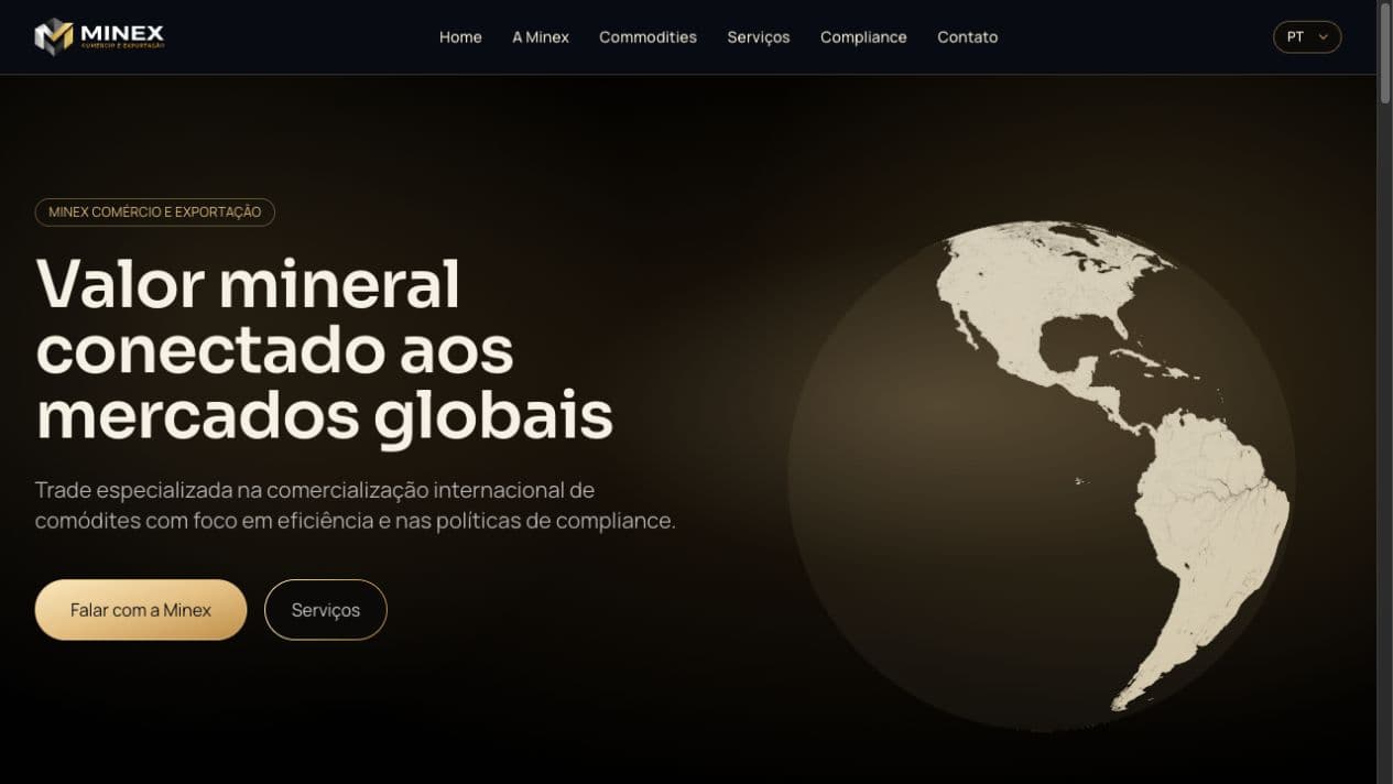 Página inicial do site da Minex Commerce & Export